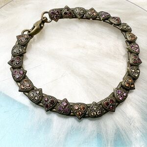 Sorrelli Antique Bronze Heart Pink Crystal Link Gemstone Bracelet 6 3/4"